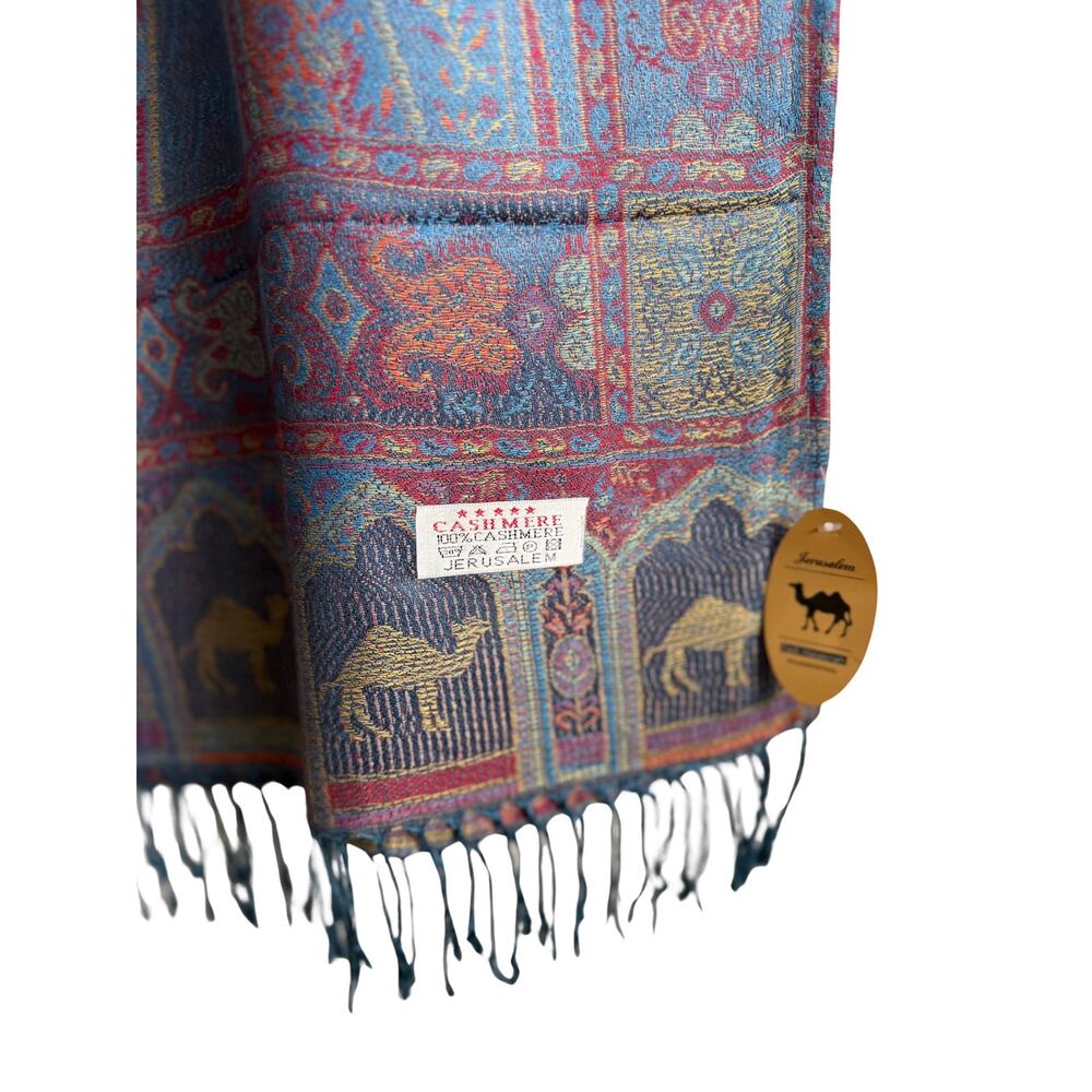 Jerusalem 100% Cashmere Paisley Shawl Wrap Scarf Multicolor Camel Border Fringe